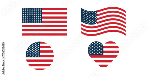 united states flag illustration in four formats—rectangular, wavy, circular, and heart-shaped—symbolizing patriotism and national pride