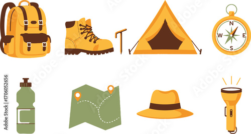 Camping Gear Isolated Backpack, Boot, Tent, Compass, Bottle, Map, Hat, Flashlight