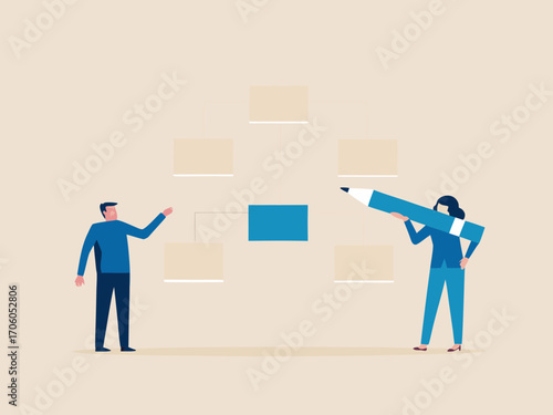 Business team collaborating to build and design a new organizational chart or flowchart on a plain background