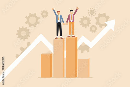Two businessmen celebrate success standing on top of a growing bar chart with gears and an upward arrow