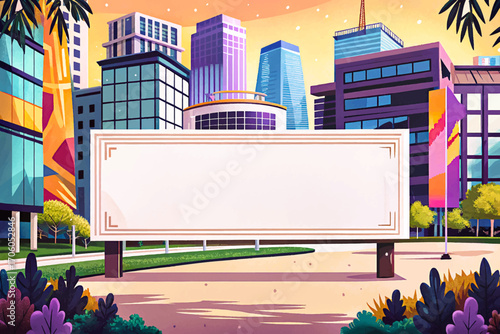 Large white promotional banner in city park with modern buildings, natural mockup background, outdoor placement, creative design, minimal solitude surface, rustic scenic object, environment element