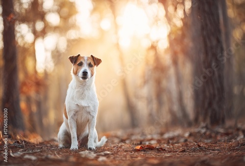 Jack Russell Terrier sitting alertly amid fallen leaves in a sunlit autumn forest, framed by blurred trees and golden bokeh highlights