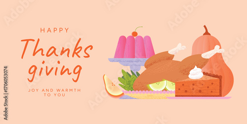 Happy Thanksgiving festive dinner with roasted Turkey, Pumpkin pie slice with cream, Jelly dessert with cherry, Autumn pumpkins and fruit. Traditional holiday food composition. Vector illustration