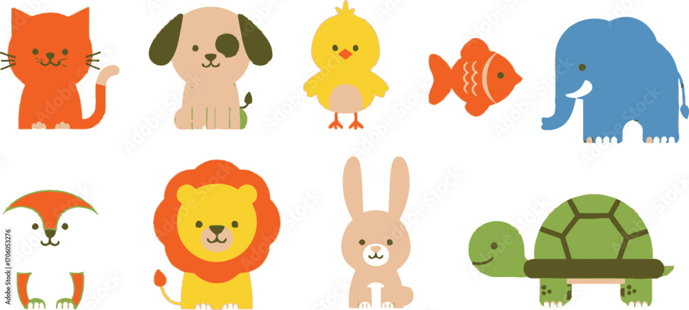 Fototapeta premium Cartoon Animal Set Cat, Dog, Chick, Fish, Elephant, Fox, Lion, Rabbit, Turtle on White