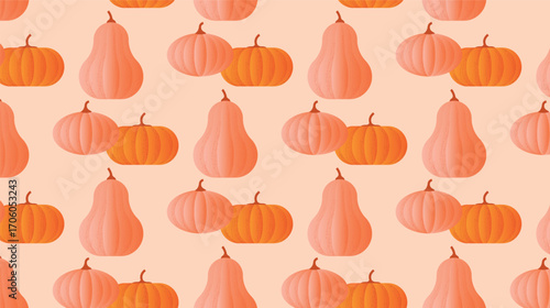 Seamless pattern with orange Pumpkins and Butternut squash on light background. Autumn seasonal vegetable design for Thanksgiving, Fall harvest, wrapping, textile, wallpaper. Vector illustration