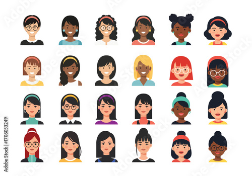Diverse women faces with various hairstyles and accessories