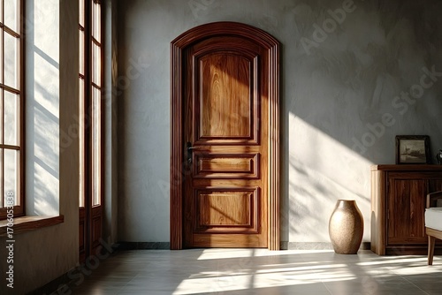 Sunlight streams through the windows, illuminating a beautifully crafted wooden door in a classic interior design, creating a warm and inviting atmosphere
