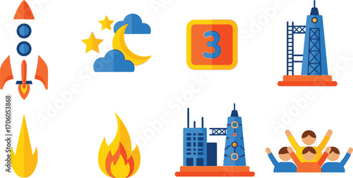 Cartoon Rocket, Clouds, Stars, Number 3, Fire, Building, Cheering People Set Icons