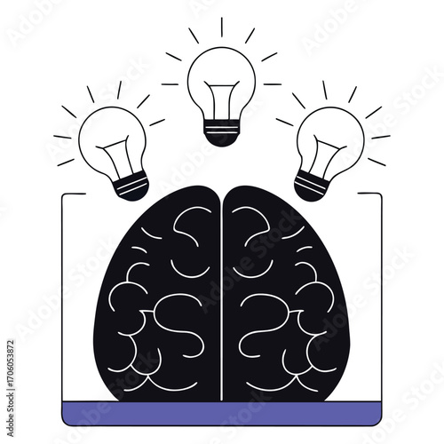 Vector art of a stylized brain with three light bulbs above it, symbolizing ideas, innovation, and creativity