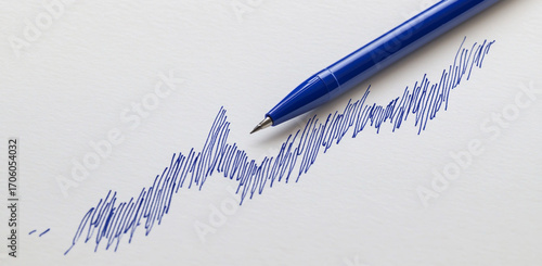 Blue pen drawing a fluctuating line graph on white paper