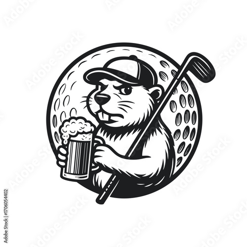 Beaver with Golf Club and Beer Illustration