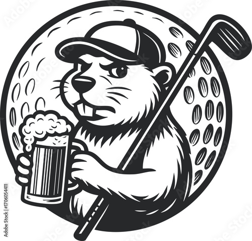 Beaver with Golf Club and Beer Illustration