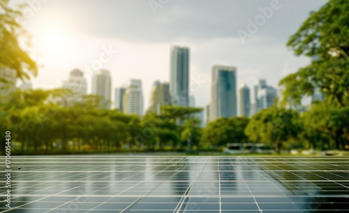 Solar panels reflect a sunny city skyline, framed by lush trees, creating a harmonious blend of urban development and environmental consciousness