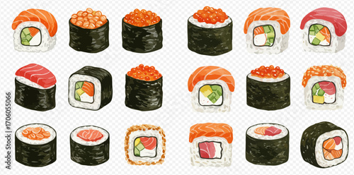 An assortment of sushi rolls with salmon, tuna, and roe toppings, showcasing different fillings and presentations.