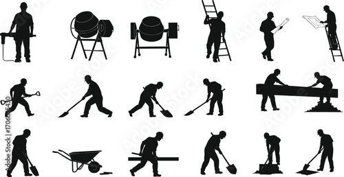 Construction workers using tools, cement mixer, ladder, shovel, wheelbarrow, building site, manual labor, blueprint, teamwork, industrial work vector