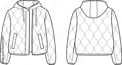 Quilted hooded jacket design, front and back view, winter outerwear, padded coat, casual streetwear, warm jacket, zipper closure, cozy hood, fashionable outerwear, casual winter style