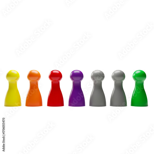 Colorful Game Pawns and Tokens Row Isolated on White Background for Board Games