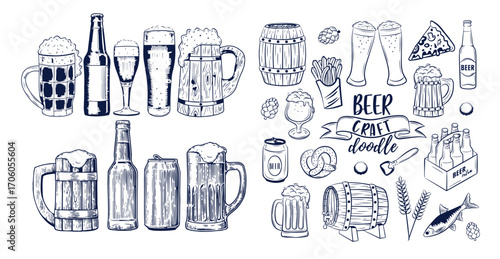 Beer brewery icons collection. Glasses, bottle, barrel hand drawn elements for pub, bar menu. Vector sketch illustration