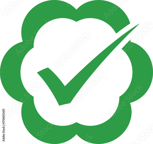 Cloverleaf Check Mark Green Tick Symbol in Blossom Shape. Isolated on White Background