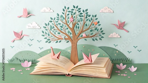 detailed paper cut art scene with tree and birds creative display in whimsical environment