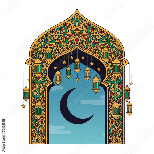 Digital illustration of an ornate Islamic archway with a crescent moon and lanterns against a blue sky.