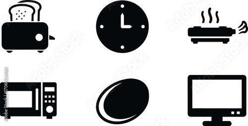 Collection of Kitchen Appliances Icons Featuring Toaster, Clock, Grill, Egg and TV