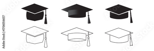 Graduation hat cap flat and outline icons set. Academic degree pictogram vectors. Graduation student black cap, diploma sign. University graduation ceremony symbols isolated on white background.