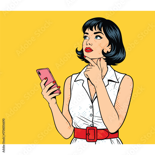 Pop art illustration of a thoughtful woman with short black hair holding a pink smartphone.