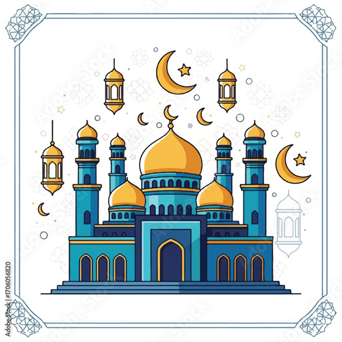 Illustration of a blue mosque with gold domes and crescent moons on a white background with a decorative border.