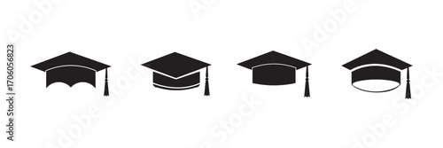 Academic graduation cap icon set. Graduation student black cap silhouette icon on white background. vector illustrator.