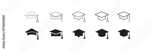 Academic graduation cap icon vector illustration on white Background. EPS 10. Graduation hat cap icons set. Academic cap.