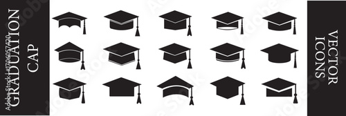 Graduation cap icon set. Graduation caps vector graphic illustration representing academic achievement and educational success celebration of higher learning with multiple mortarboards