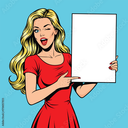 Pop art illustration of a winking blonde woman in a red dress pointing at a blank white sign.