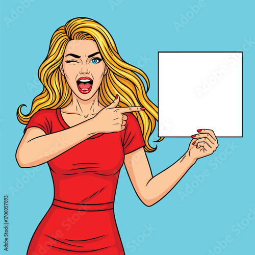 Pop art illustration of a winking blonde woman in a red dress pointing at a blank sign.