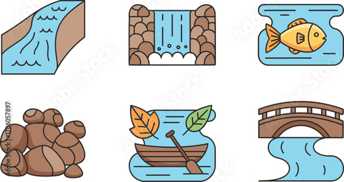 Colorful Icon Set with River Stream, Waterfall, Goldfish, Rocks, Boat, and Bridge Design