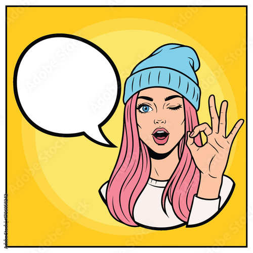Pop art illustration of a winking woman with pink hair making an OK hand gesture.