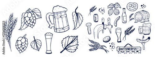 Beer brewery icons collection. Glasses, bottle, barrel hand drawn elements for pub, bar menu. Vector sketch illustration