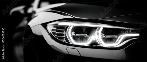 A dramatic close-up of a car's headlight in black and white, showcasing its modern design and sharp lines against a dark backdrop