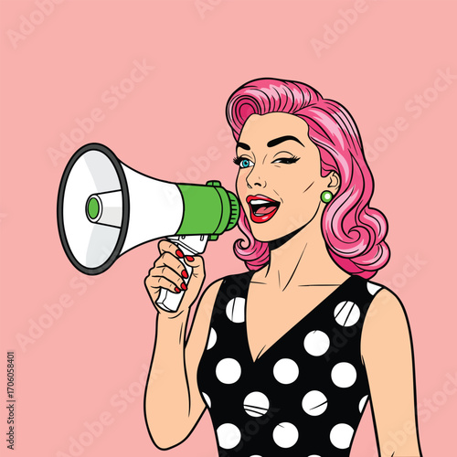 Pop art illustration of a winking woman with pink hair shouting into a megaphone.