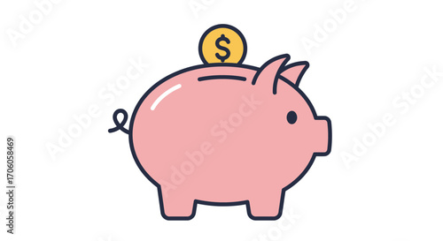 Adorable pink piggy bank with coin, save money, build wealth, cute illustration for finance blog