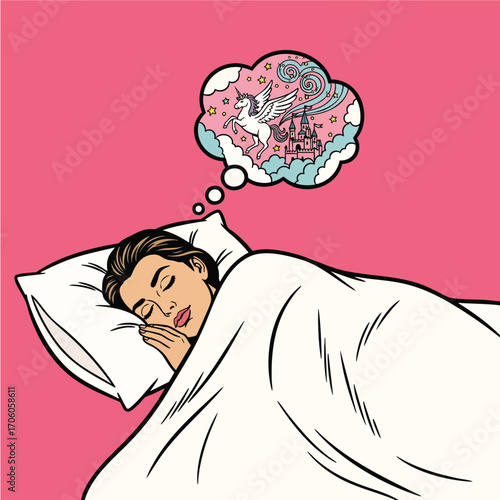Pop art illustration of a woman sleeping and dreaming of a magical unicorn and castle.