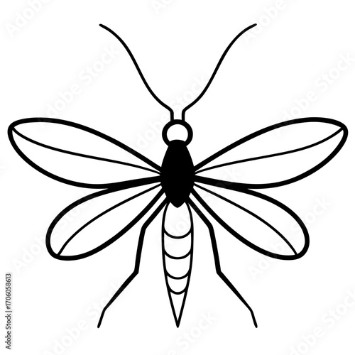 Simple black and white mosquito illustration with detailed wings and segmented body silhouette