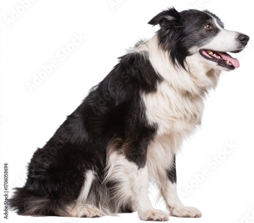 Seated border collie with its tongue out, a black and white coat, and a relaxed pose against a clean, white background