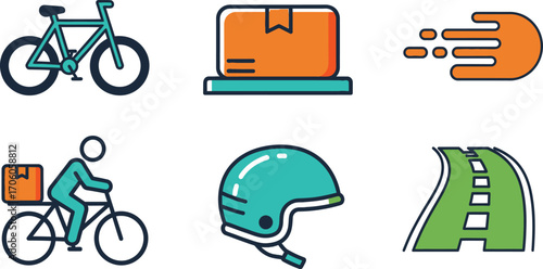 Courier Icon Set with Bicycle, Package, Helmet, and Roadway on White Background