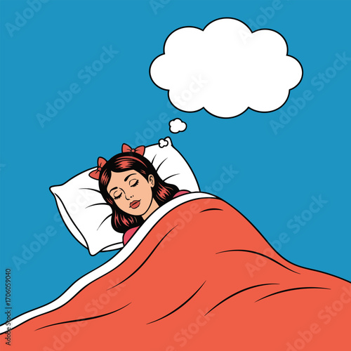 Pop art illustration of a young woman sleeping in bed with red bows and a blank dream bubble.