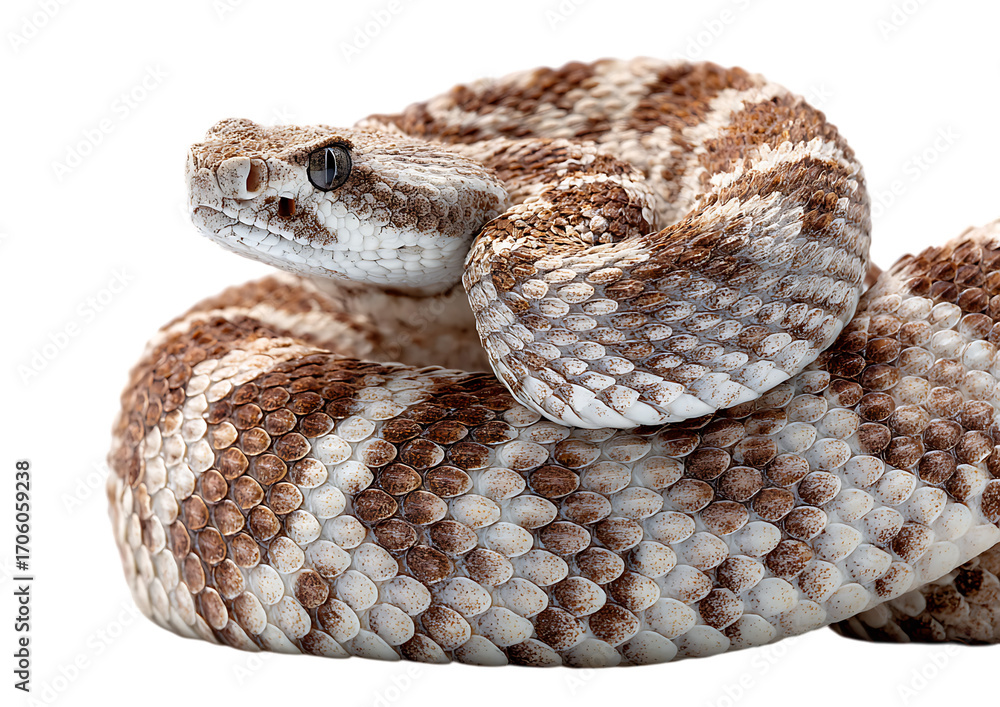 Obraz premium Close up of a coiled rattlesnake isolated on transparent background