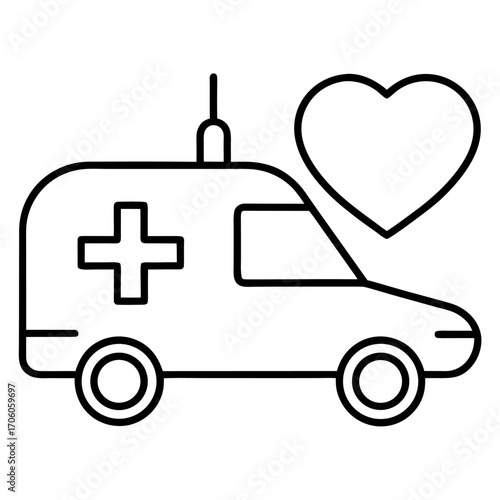 Emergency medical service vehicle with a heart symbol representing patient care and support concept design
