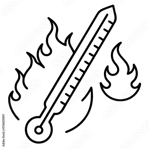 Elevated thermometer surrounded by flames representing fever or high temperature in a vector style drawing