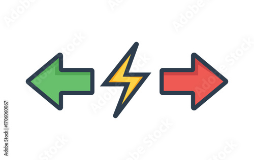 Opposing arrows and lightning bolt symbolizing conflict or energy transfer