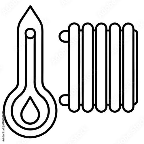 Minimalist outline illustration of a radiator and thermometer representing heating systems and temperature control at home